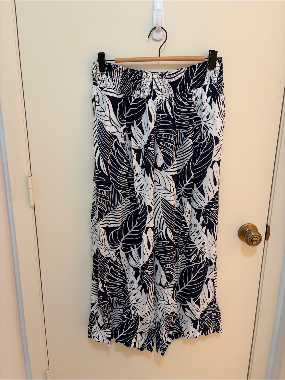 Grace Navy and White Smocked Waist Tropical Print Palazzo Pants